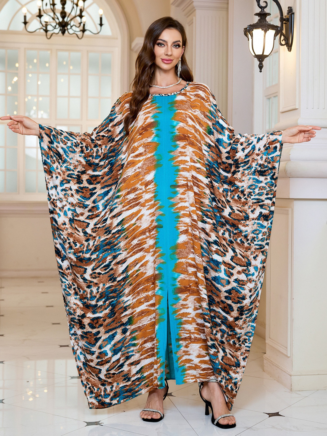 Geometric Pattern Kaftan Maxi Dress with Long Batwing Sleeves for Beach Cover Up